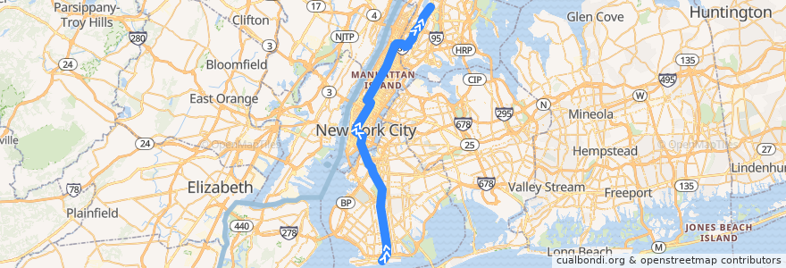 Mapa del recorrido NYCS - B Train (am/pm rush): Brighton Beach → Bedford Park Boulevard de la línea  en Нью-Йорк.