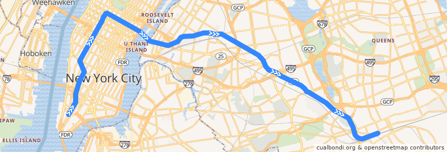 Mapa del recorrido NYCS - E Train: World Trade Center → Jamaica Center–Parsons/Archer de la línea  en Nueva York.