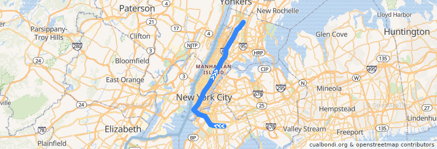 Mapa del recorrido NYCS - 4 Train: Crown Heights–Utica Avenue → Woodlawn de la línea  en Нью-Йорк.