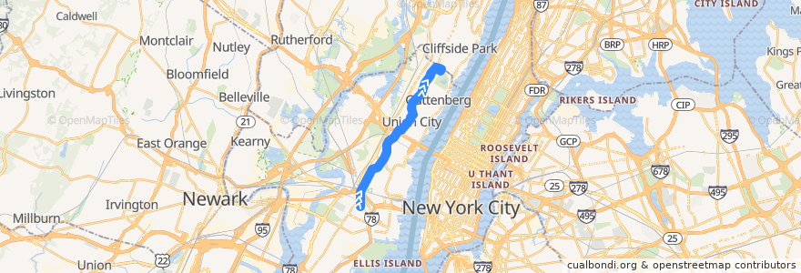 Mapa del recorrido NJTB - 88 - Journal Square to North Bergen de la línea  en Hudson County.