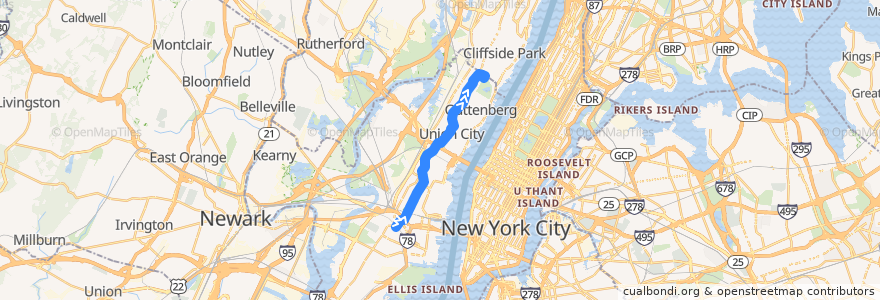 Mapa del recorrido NJTB - 88 - Journal Square to North Bergen via Central Avenue de la línea  en Hudson County.