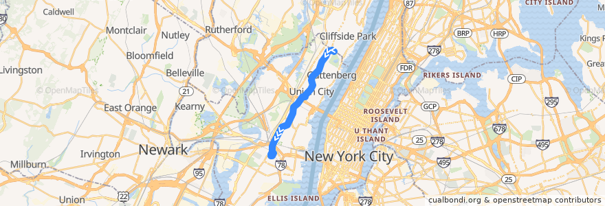 Mapa del recorrido NJTB - 88 - Journal Square to North Bergen de la línea  en Hudson County.