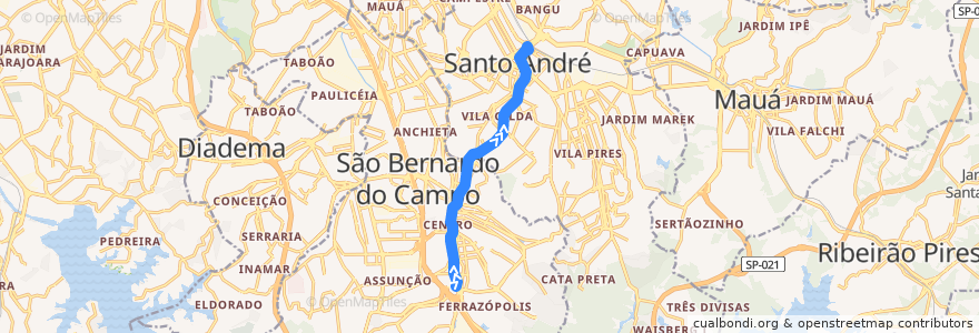 Mapa del recorrido Ferrazópolis - Santo André Oeste de la línea  en Região Imediata de São Paulo.