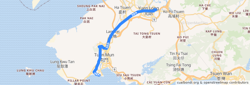 Mapa del recorrido 輕鐵610綫 Light Rail 610 (屯門碼頭 Tuen Mun Ferry Pier → 元朗 Yuen Long) de la línea  en Hong Kong.