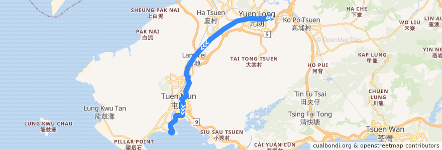 Mapa del recorrido 輕鐵614綫 Light Rail 614 (元朗 Yuen Long → 屯門碼頭 Tuen Mun Ferry Pier) de la línea  en 香港.