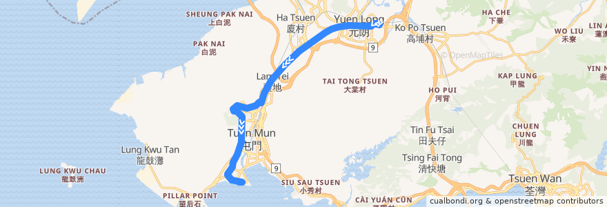 Mapa del recorrido Light Rail 615 (元朗 Yuen Long → 屯門碼頭 Tuen Mun Ferry Pier) de la línea  en 香港 Hong Kong.