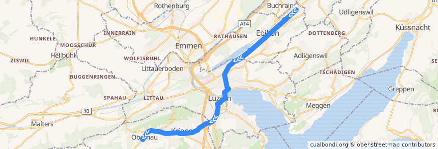 Mapa del recorrido Bus 1: Ebikon, Fildern => Kriens, Obernau de la línea  en Lucerna.