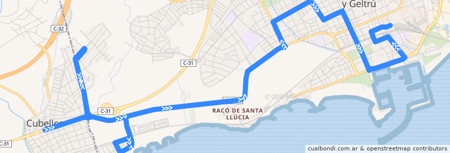 Mapa del recorrido Cubelles - Vilanova i la Geltrú de la línea  en Garraf.