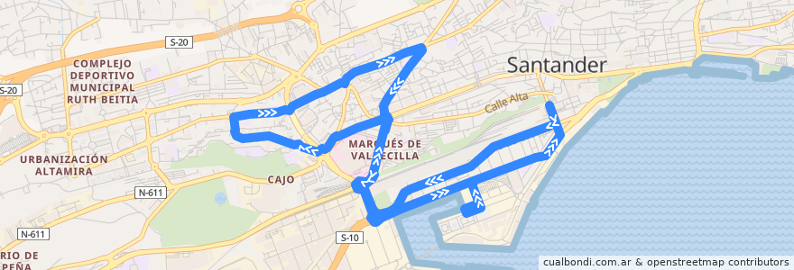 Mapa del recorrido 14: Estaciones - Avenida de Valdecilla de la línea  en Santander.