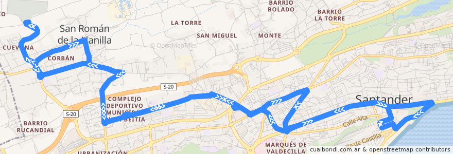 Mapa del recorrido 17-1: Ciriego - Corbán - Estaciones de la línea  en Santander.