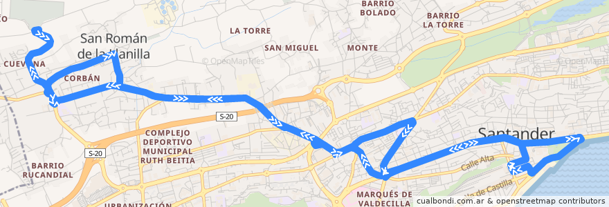 Mapa del recorrido 17-2: Corbán - Estaciones de la línea  en Santander.