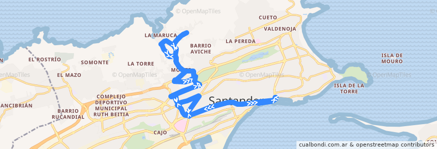 Mapa del recorrido 18-1: Puertochico - Monte de la línea  en Santander.