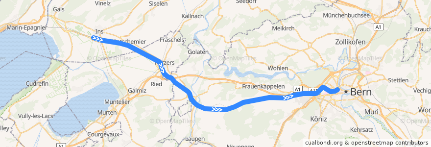 Mapa del recorrido S52: Ins => Bern de la línea  en Verwaltungsregion Bern-Mittelland.