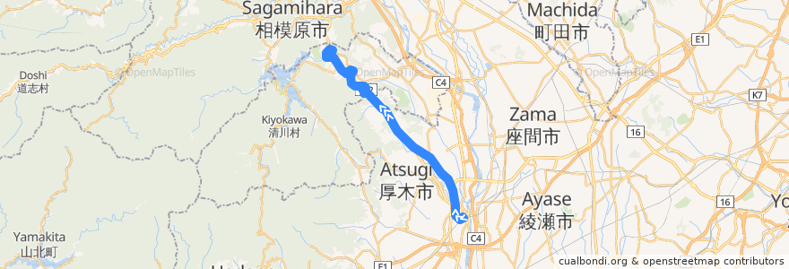 Mapa del recorrido 厚木01系統 de la línea  en Prefectura de Kanagawa.