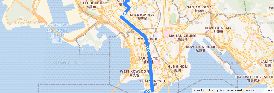 Mapa del recorrido Bus 2 (Tsim Sha Tsui Ferry Pier - So Uk) de la línea  en Kowloon.