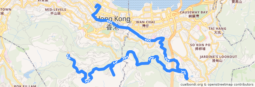 Mapa del recorrido Bus 15 (The Peak - Central (Exchange Square)) de la línea  en Hong Kong.