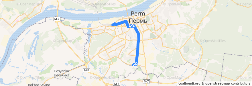 Mapa del recorrido Трамвай №5: ст. Бахаревка – ст. Пермь II de la línea  en Пермский городской округ.