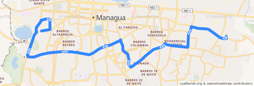 Mapa del recorrido Ruta 110: Mercado Mayoreo -> Aldea SOS de la línea  en Managua.