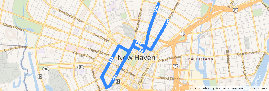 Mapa del recorrido Orange Line (Day) de la línea  en New Haven.