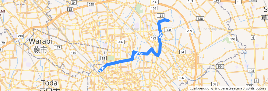 Mapa del recorrido 西川01 de la línea  en 川口市.