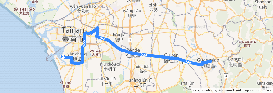 Mapa del recorrido 紅幹線(往關廟_往程) de la línea  en Tainan.