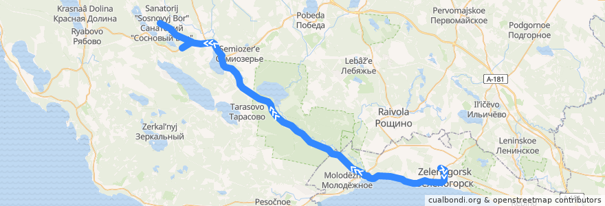 Mapa del recorrido Автобус № 483: Зеленогорск, вокзал => санаторий "Сосновый бор" de la línea  en Ленинградская область.