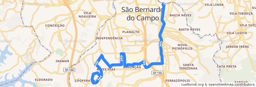 Mapa del recorrido 10: Vila Ferreira => Paço de la línea  en São Bernardo do Campo.