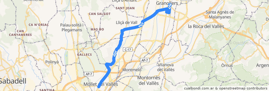 Mapa del recorrido bus 330 Granollers - Mollet de la línea  en Vallès Oriental.