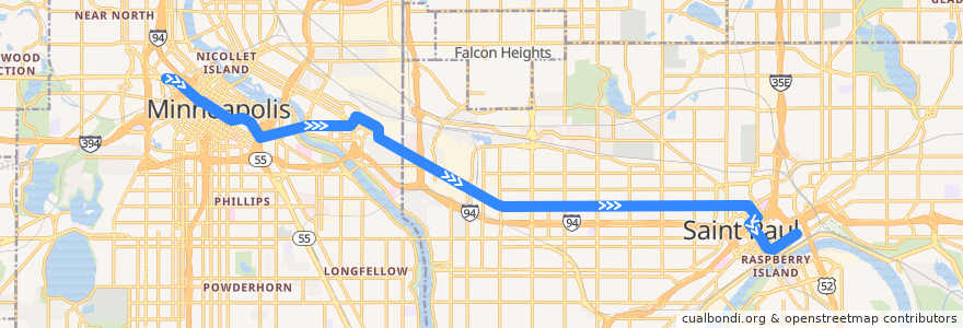 Mapa del recorrido Green Line de la línea  en Minnesota.