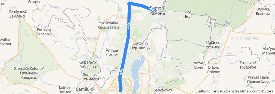 Mapa del recorrido Автобус №111: Рамонь - Воронеж de la línea  en Voronezh Oblast.