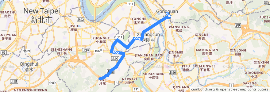 Mapa del recorrido 新北市 895 南勢角-捷運公館站(返程) de la línea  en Nuova Taipei.