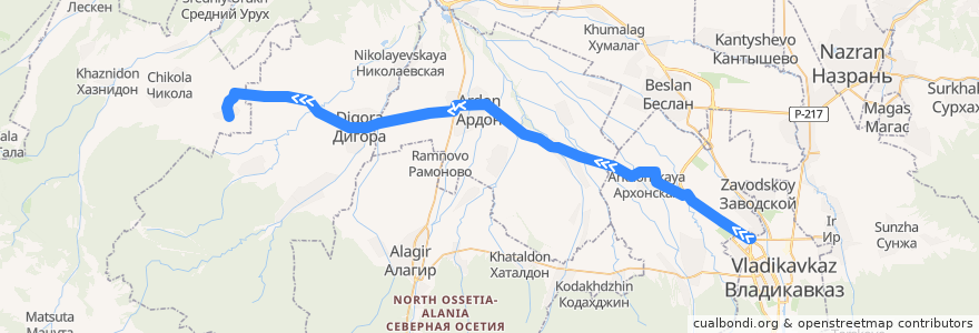 Mapa del recorrido №251 г.Владикавказ-с.Сурх-Дигора (прямой) de la línea  en Северная Осетия — Алания.