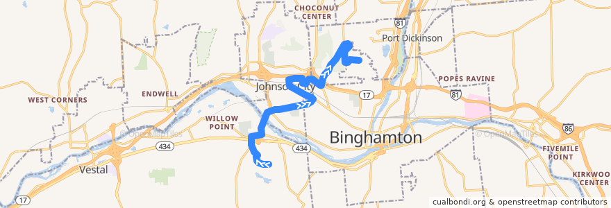 Mapa del recorrido B.C. Transit 17 Johnson City (outbound to Legacy Bay) de la línea  en Broome County.