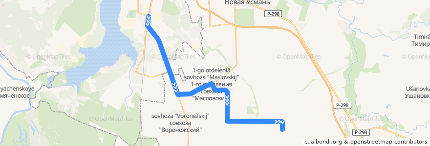 Mapa del recorrido Автобус №105: Машмет - 2-ое отделение совхоза Масловский de la línea  en Oblast de Voronej.