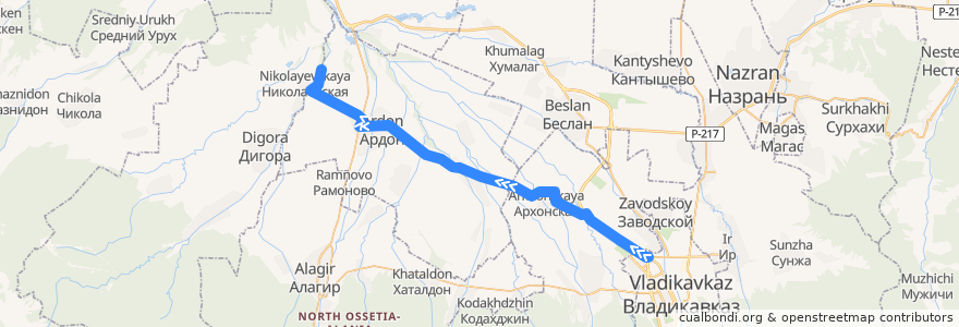 Mapa del recorrido №125 с.Красногор-г.Владикавказ (обратный) de la línea  en Северная Осетия — Алания.