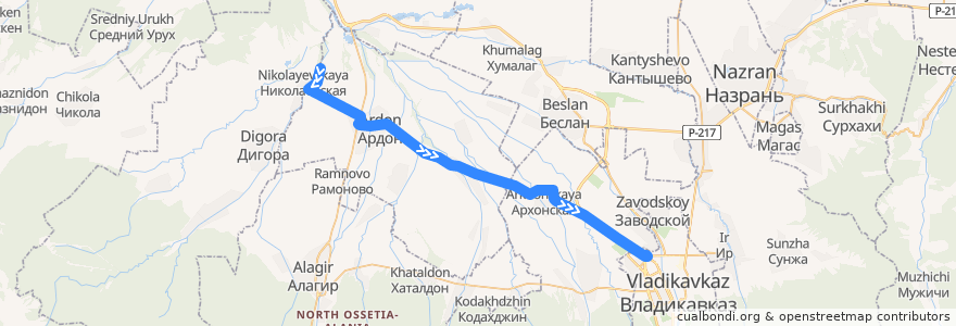 Mapa del recorrido №125 с.Красногор-г.Владикавказ (прямой) de la línea  en Северная Осетия — Алания.