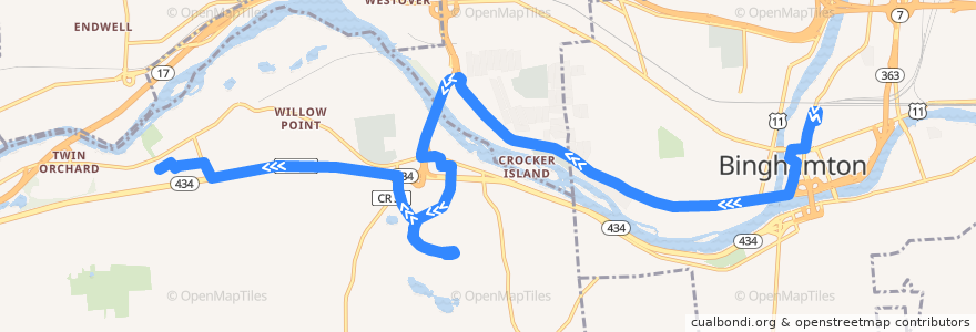 Mapa del recorrido B.C. Transit 57 Shoppers Special (outbound) de la línea  en Broome County.