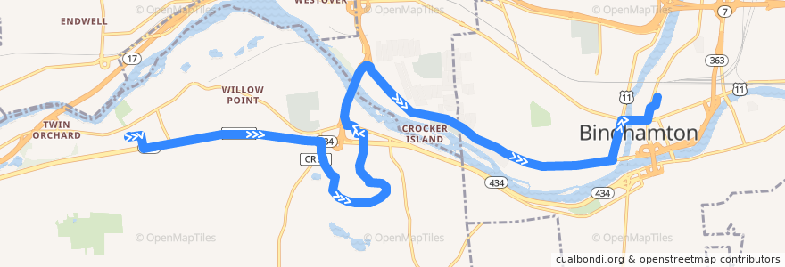 Mapa del recorrido B.C. Transit 57 Shoppers Special (inbound) de la línea  en Broome County.