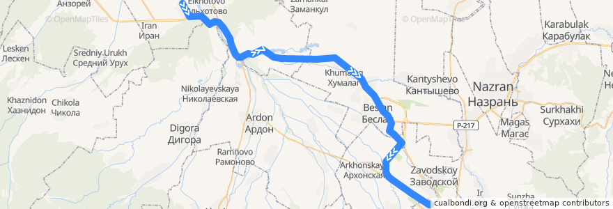 Mapa del recorrido №236 г.Владикавказ-с.Змейская (обратный) de la línea  en Kuzey Osetya-Alanya.