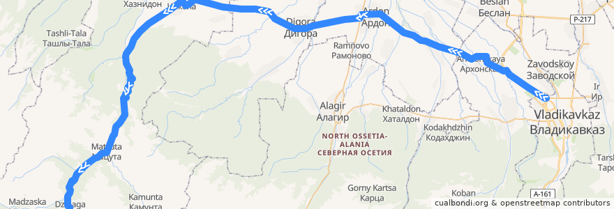 Mapa del recorrido №272 г.Владикавказ-с.Дзинага (прямой) de la línea  en Северная Осетия — Алания.