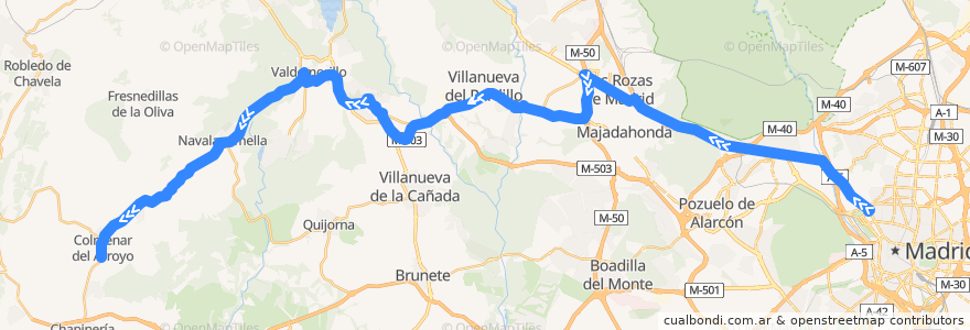 Mapa del recorrido Bus 642: Madrid (Moncloa) → Villanueva del Pardillo → Valdemorillo → Navalagamella → Colmenar de Arroyo de la línea  en Comunidad de Madrid.