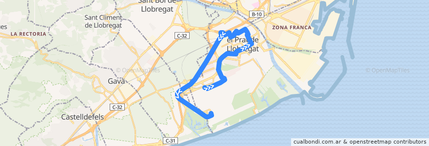 Mapa del recorrido PR1 El Prat de Llobregat (Aeroport Terminal T2-Aeroport Terminal T1) de la línea  en Baix Llobregat.