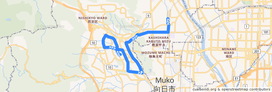 Mapa del recorrido バス: 西8: 洛西バスターミナル => 桂駅西口 de la línea  en Нисикё.