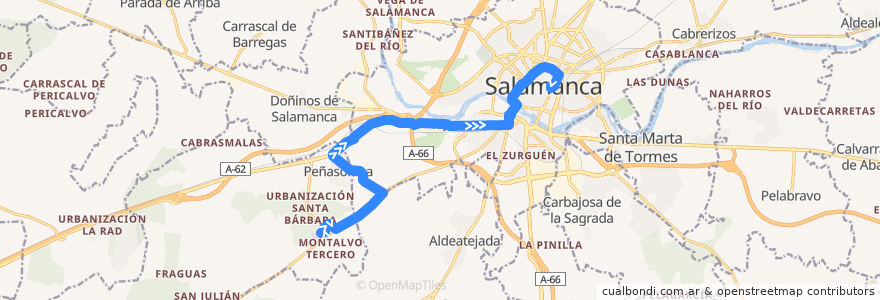 Mapa del recorrido Hospital los Montalvos → Urbanización Peñasolana → Salamanca de la línea  en Salamanque.