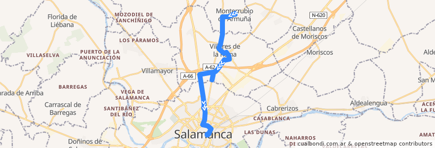 Mapa del recorrido Villares de la Reina → Salamanca de la línea  en Salamanca.