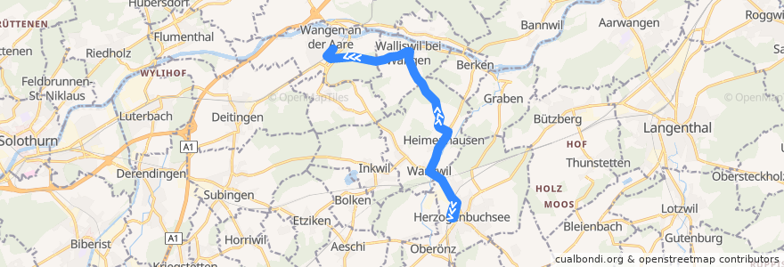 Mapa del recorrido Bus 51: Wangen an der Aare => Walliswil => Herzogenbuchsee de la línea  en Verwaltungskreis Oberaargau.