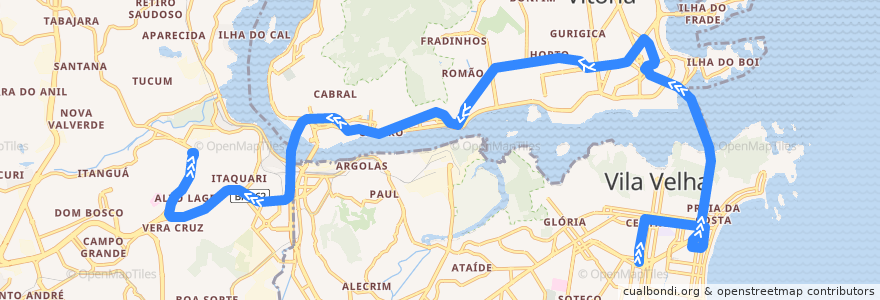 Mapa del recorrido 500 Terminal de Vila Velha / Terminal de Itacibá via Terceira Ponte de la línea  en Região Metropolitana da Grande Vitória.