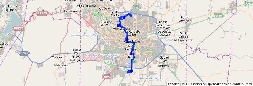 Mapa del recorrido 4 de la línea A (Azul) en Córdoba.