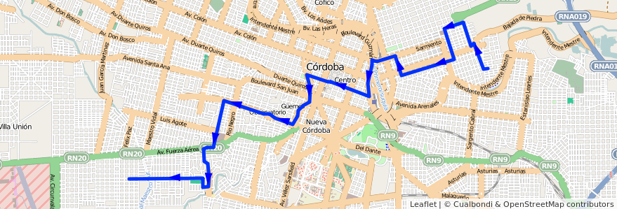 Mapa del recorrido 4 de la línea C (Amarillo) en Córdoba.