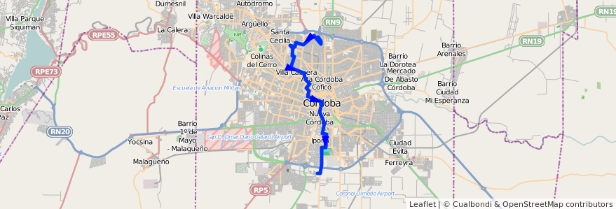 Mapa del recorrido 4 de la línea A (Azul) en Córdoba.